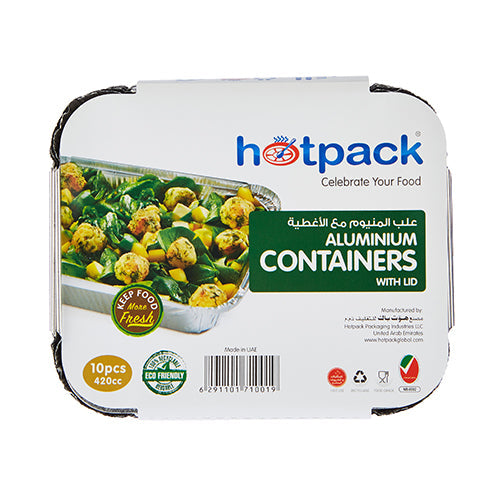 Hotpack | Aluminum Containers with Lid 8342 ( 420 CC ) 147 Mm Length x 122 Mm Width x 40 Mm Height | 10 Pieces - Hotpack Oman