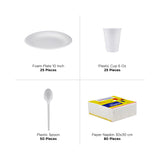 Combo Pack Set -Foam Plate 25 Pieces + Napkin + Spoon 50 Pieces + Plastic Cup 25 Pieces