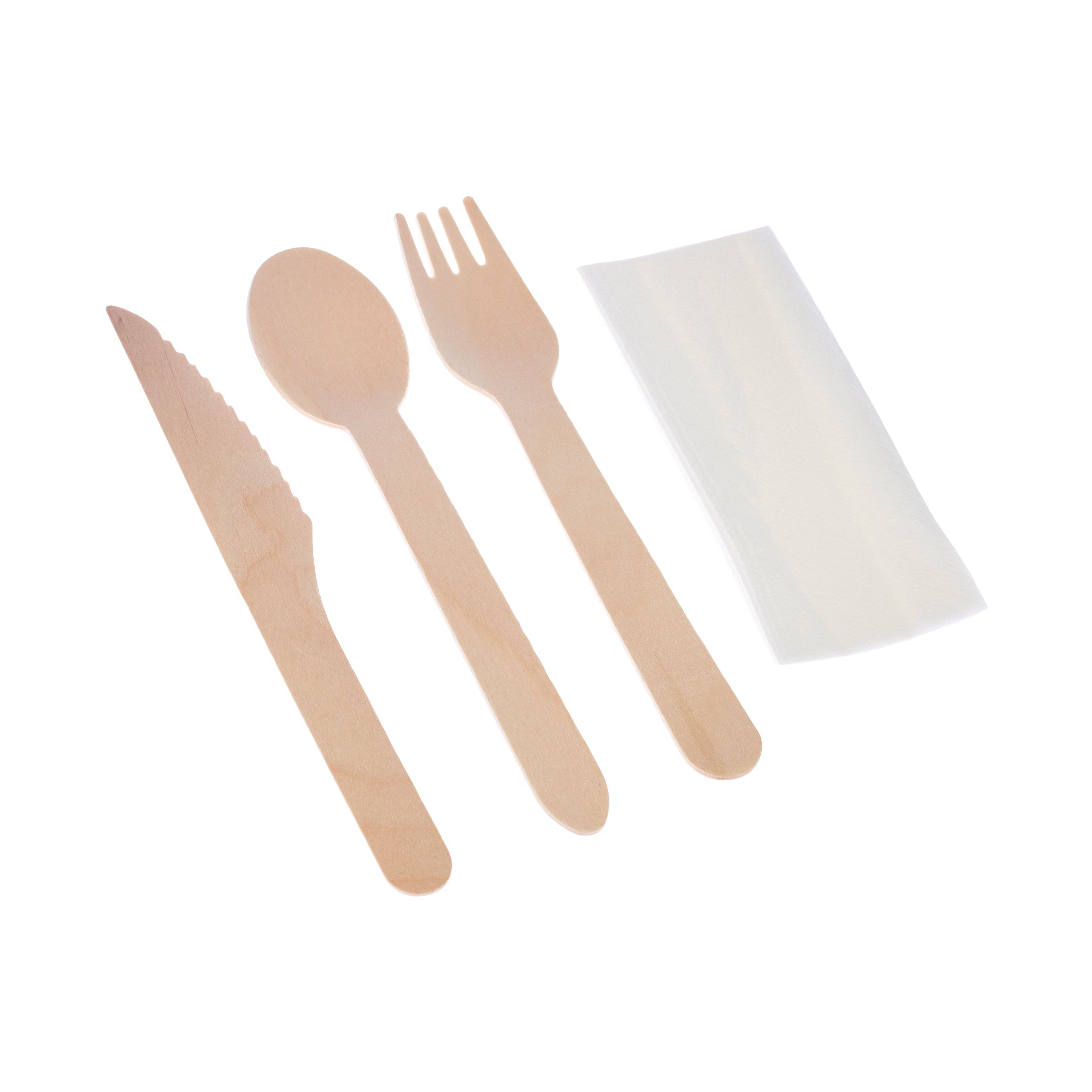 Wooden Cutlery Pack - Spoon, Fork, Knife, Napkin 250 Pieces - Hotpack Global